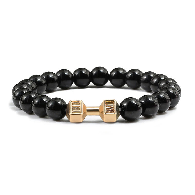 Natural Volcanic Stone Bracelet Men Matte Black Lave White Beads Charm Dumbbell Strand Bracelets Women Barbell Fitness Jewelry