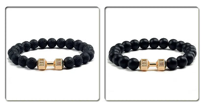 Natural Volcanic Stone Bracelet Men Matte Black Lave White Beads Charm Dumbbell Strand Bracelets Women Barbell Fitness Jewelry