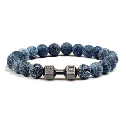 Natural Volcanic Stone Bracelet Men Matte Black Lave White Beads Charm Dumbbell Strand Bracelets Women Barbell Fitness Jewelry