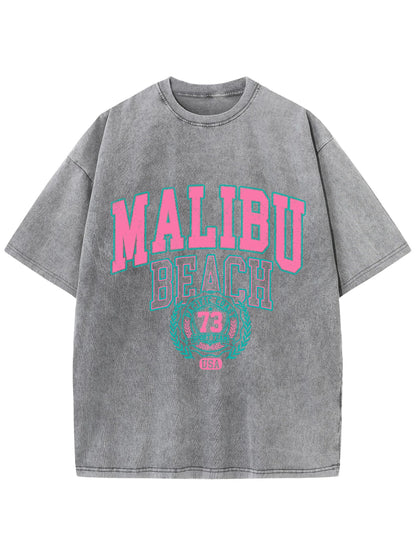 Malibu Beach Washed T-Shirt Women Letter Printing Cotton T Shirt Comfortable Crewneck Tops Casual Oversized Tees Female Clothes