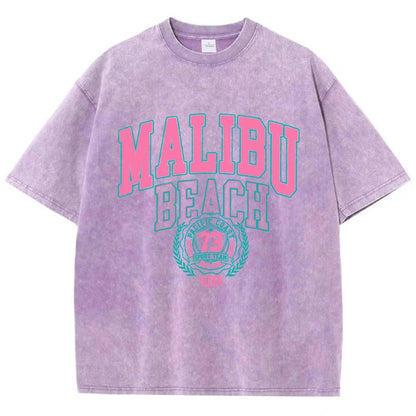 Malibu Beach Washed T-Shirt Women Letter Printing Cotton T Shirt Comfortable Crewneck Tops Casual Oversized Tees Female Clothes