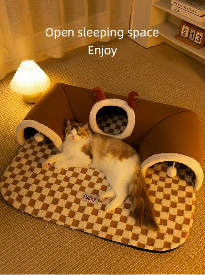 Winter Indoor Warm Plush Cat Bed with Reindeer Appearance Hide and Seek Cat Tunnel Play and Sleep Integrated Cat House Pet Nest