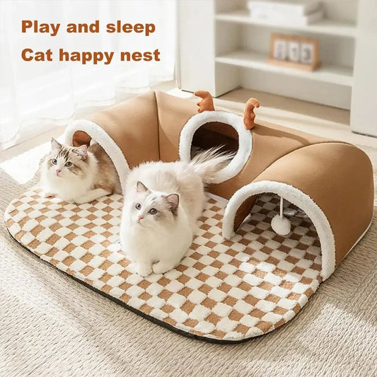 Winter Indoor Warm Plush Cat Bed with Reindeer Appearance Hide and Seek Cat Tunnel Play and Sleep Integrated Cat House Pet Nest