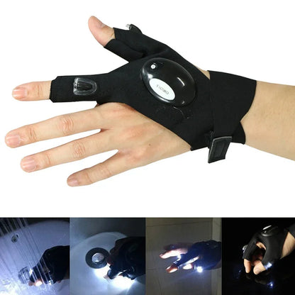 1 Pair Right and Left Charged Gloves Outdoor Hiking Fingerless Gloves with LED Light Waterproof Flashlight Glove Party