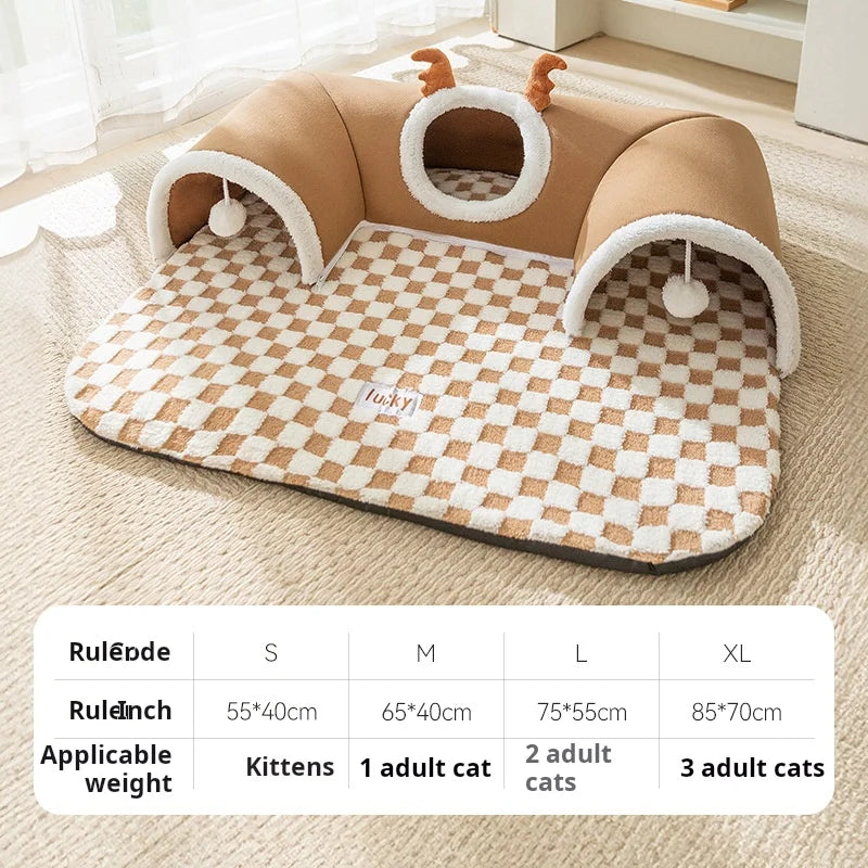 Winter Indoor Warm Plush Cat Bed with Reindeer Appearance Hide and Seek Cat Tunnel Play and Sleep Integrated Cat House Pet Nest