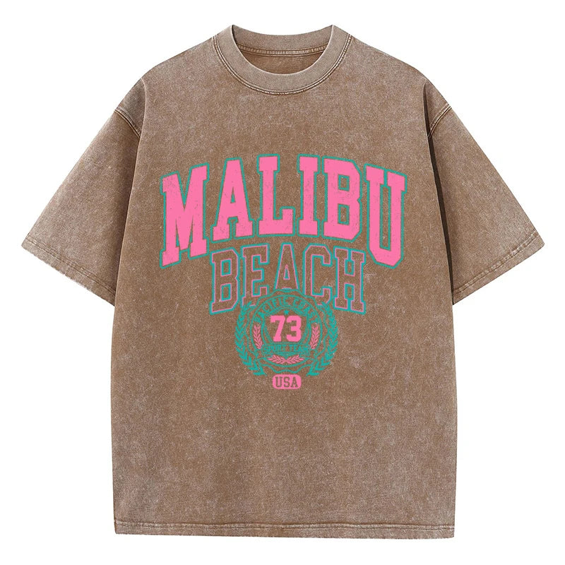 Malibu Beach Washed T-Shirt Women Letter Printing Cotton T Shirt Comfortable Crewneck Tops Casual Oversized Tees Female Clothes