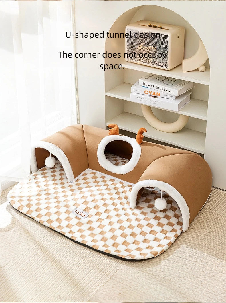 Winter Indoor Warm Plush Cat Bed with Reindeer Appearance Hide and Seek Cat Tunnel Play and Sleep Integrated Cat House Pet Nest