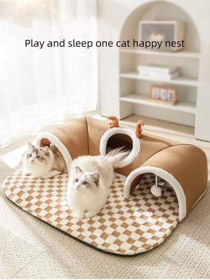 Winter Indoor Warm Plush Cat Bed with Reindeer Appearance Hide and Seek Cat Tunnel Play and Sleep Integrated Cat House Pet Nest